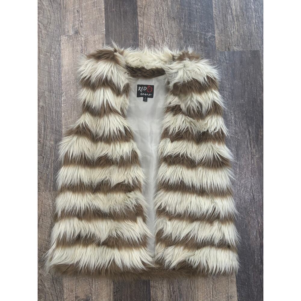 Red Snap Womens Faux Fur Striped Vest Brown‎ Cream Shaggy Open Front Small